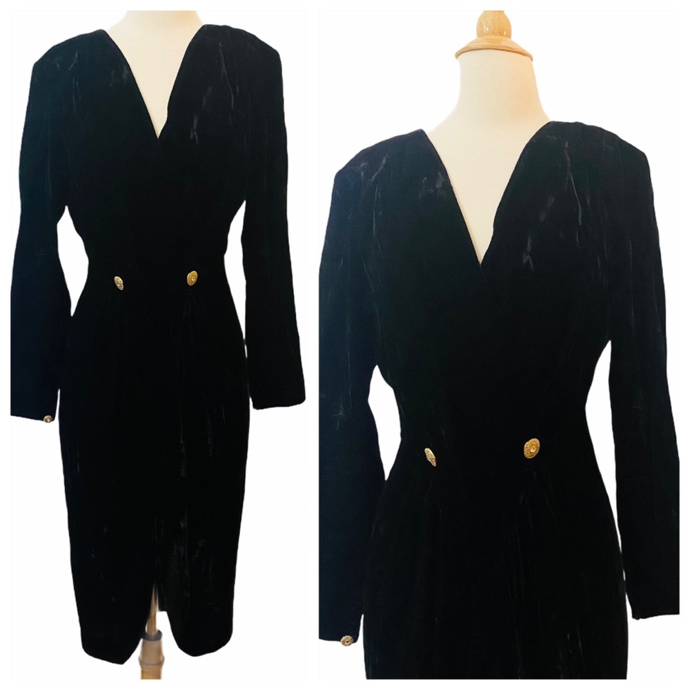 1980’s Divine Vintage Black Velvet Wiggle Dress with Gold Buttons, Marked a 8